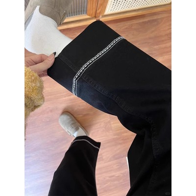 加绒加厚九分直筒裤女小个子梨型身材高腰牛仔裤大码显瘦黑色裤子