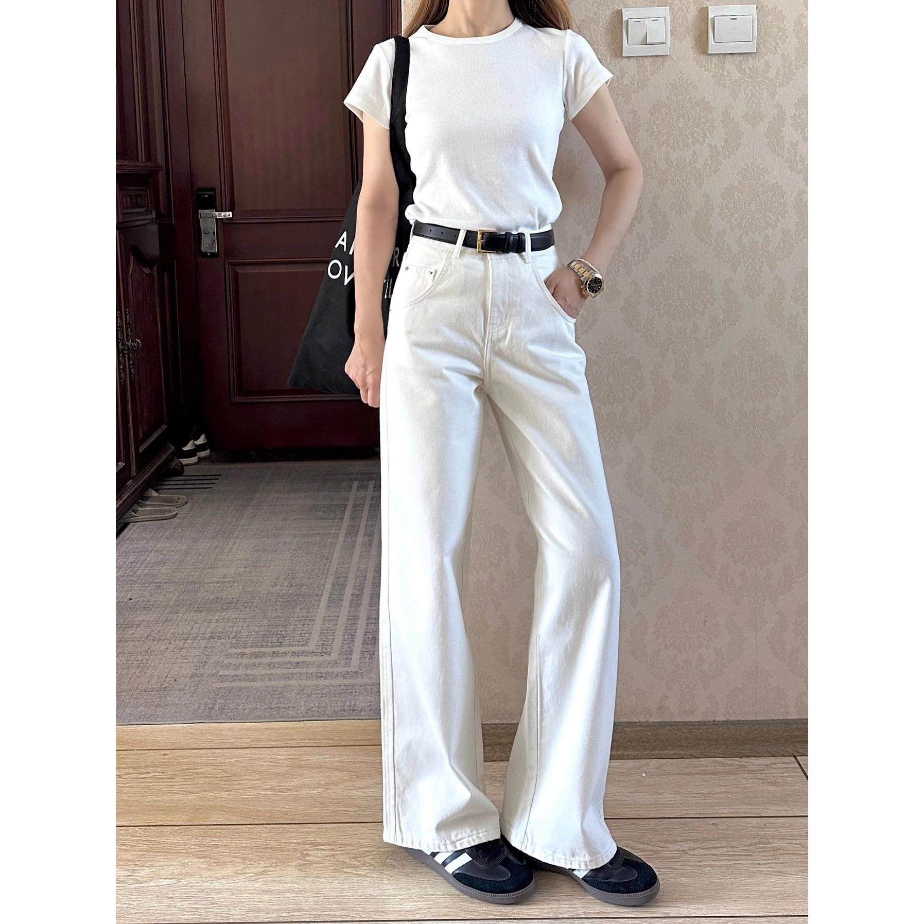 白色牛仔裤女秋冬新款加绒高腰显瘦宽松韩版裤子直筒裤窄版加长裤