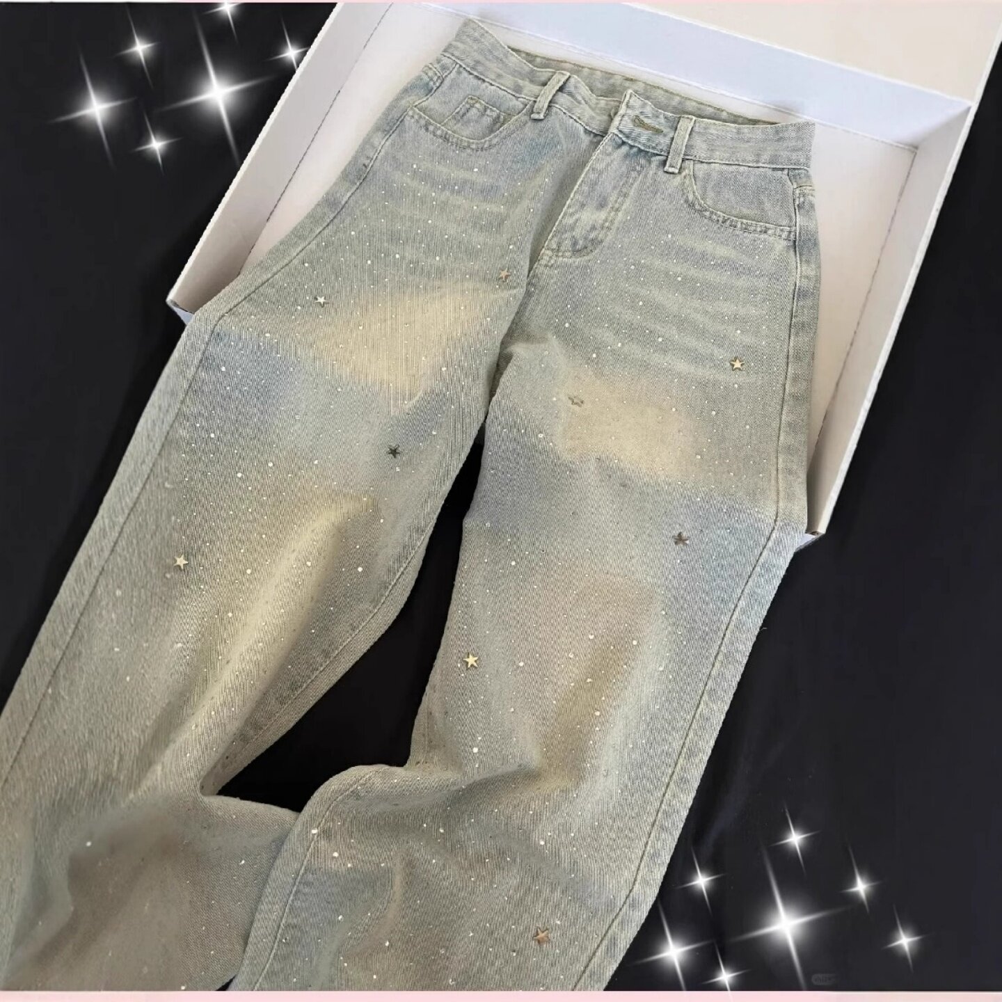 浅蓝气质星星烫钻闪亮高腰显瘦牛仔裤女2026年春夏新款阔腿裤子潮