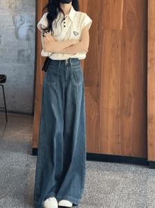 高腰阔腿牛仔裤女2024年早秋新款美式复古显瘦宽松百搭直筒拖地裤