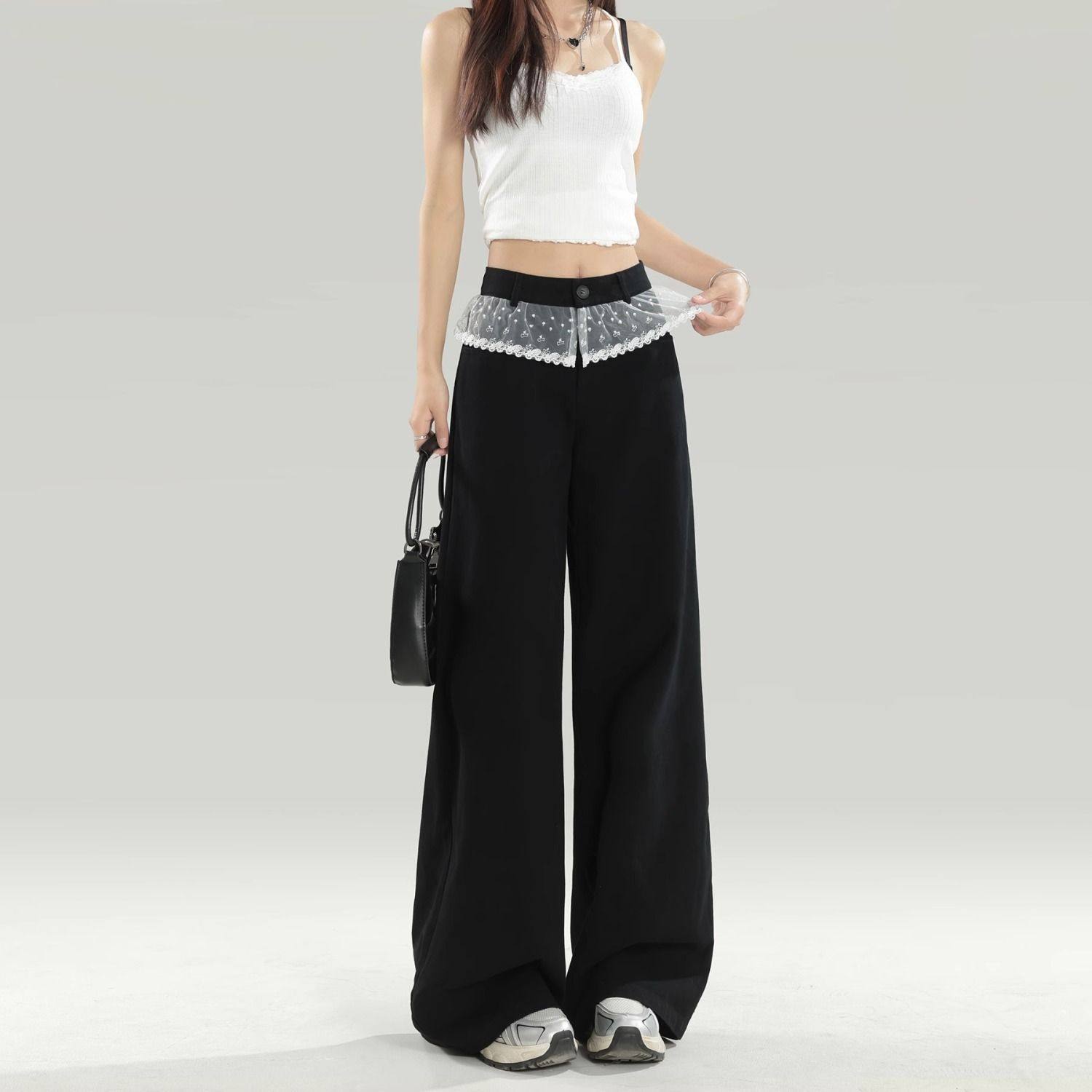 今年流行黑色蕾丝拼接阔腿裤女2025早春新款抽绳宽松牛仔拖地裤子