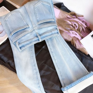 浅色高腰加绒微喇牛仔裤女2025冬季新款弹力显瘦修身不贴腿喇叭裤