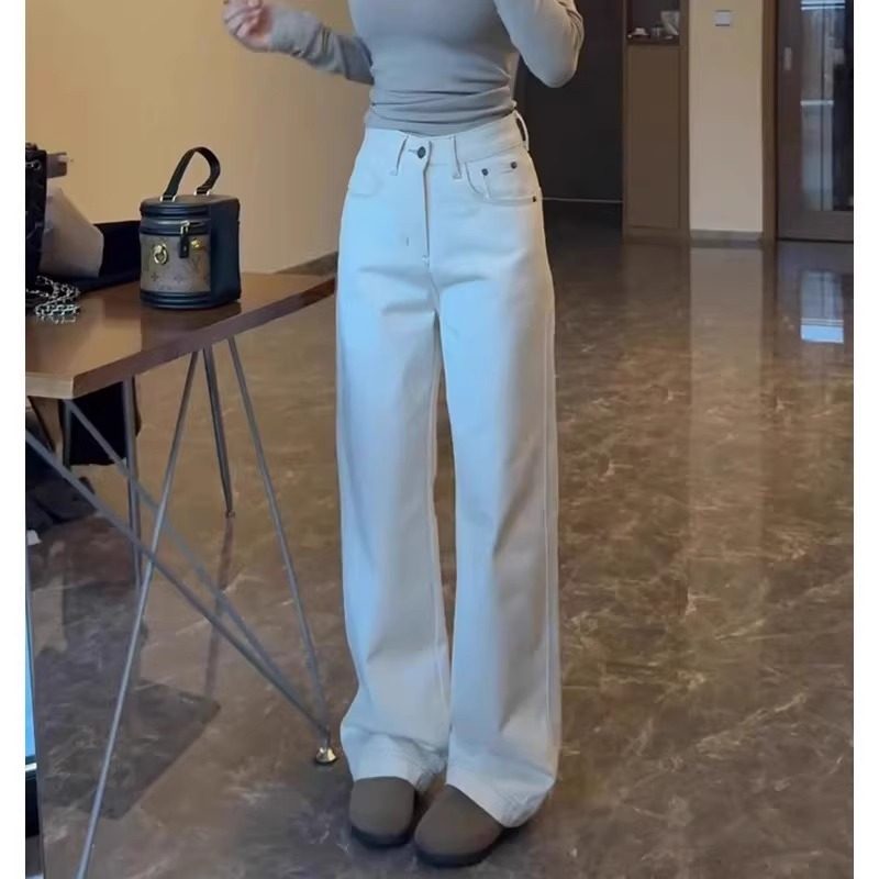 白色窄版阔腿牛仔裤女春秋2025新款高腰显瘦宽松垂感小个子直筒裤