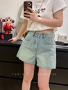 牛仔短裤 薄款 韩版 女夏季 潮 阔腿裤 宽松显瘦高腰浅蓝色开叉A字热裤