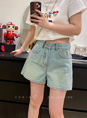 韩版牛仔短裤女夏季薄款阔腿裤宽松显瘦高腰浅蓝色开叉A字热裤潮