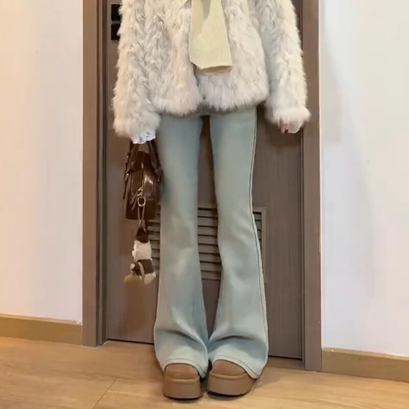水洗蓝高腰微喇牛仔裤女2026春秋新款加绒马蹄裤子显瘦弹力喇叭裤