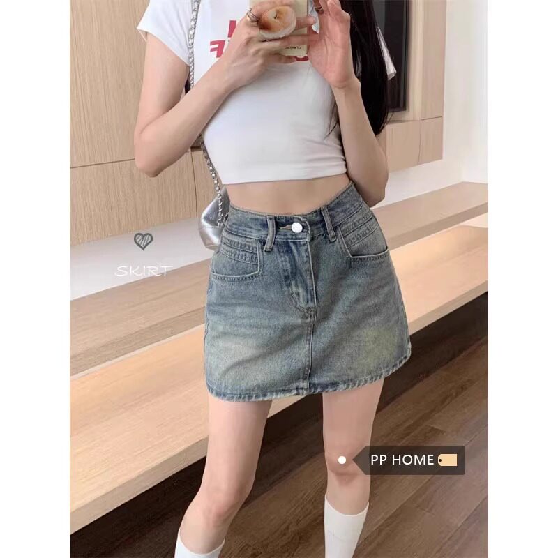 自留款高腰牛仔裙~蓝色牛仔包臀裙半身裙 高腰辣妹A字短裙 带内衬