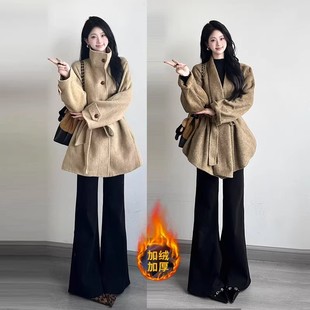 黑色微喇裤加绒牛仔裤女2025秋冬新款小个子不贴腿垂感弹力喇叭裤