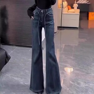 美式复古蓝色高腰显瘦喇叭裤女2025秋冬新款设计感宽松百搭阔腿裤