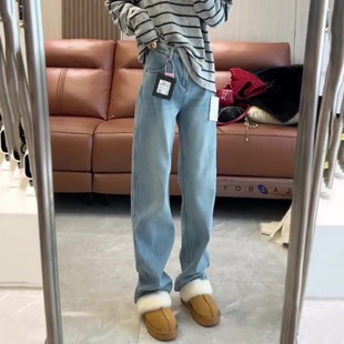 加绒加厚浅蓝复古窄版阔腿牛仔裤女冬季高腰显瘦宽松拖地直筒长裤