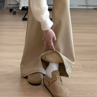 加绒加厚微喇叭牛仔裤女秋冬新款卡其色高腰弹力显瘦小个子拖地裤