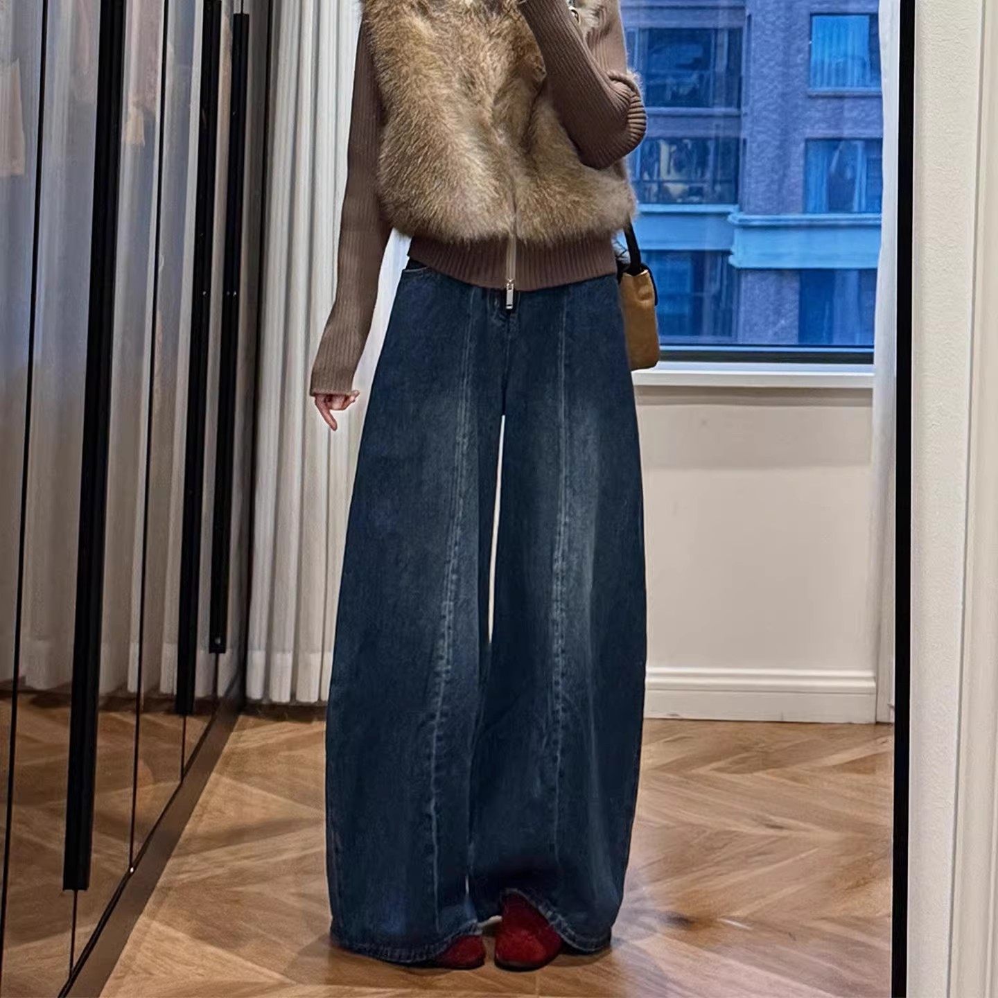 复古蓝加绒阔腿牛仔裤女冬季高腰大码梨形身材遮胯显瘦拖地弯刀裤