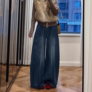 复古蓝加绒阔腿牛仔裤女冬季高腰大码梨形身材遮胯显瘦拖地弯刀裤