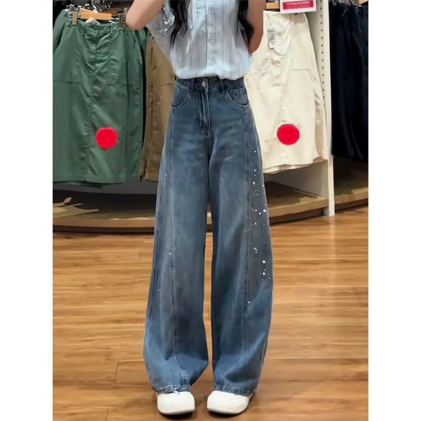 烫钻弯刀阔腿牛仔裤女夏季薄款大码胖mm高腰显瘦宽松百搭直筒裤子