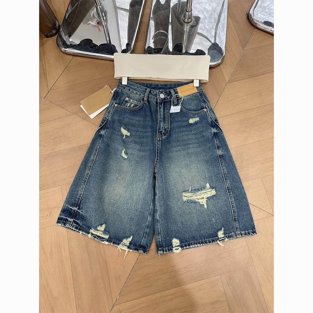 贴标破洞阔腿牛仔中裤女夏装新款短裤欧货女装小个子直筒五分裤潮