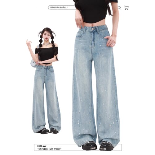 满天星重工烫钻牛仔裤女2026新款夏季设计感直筒梧桐阔腿满钻裤子