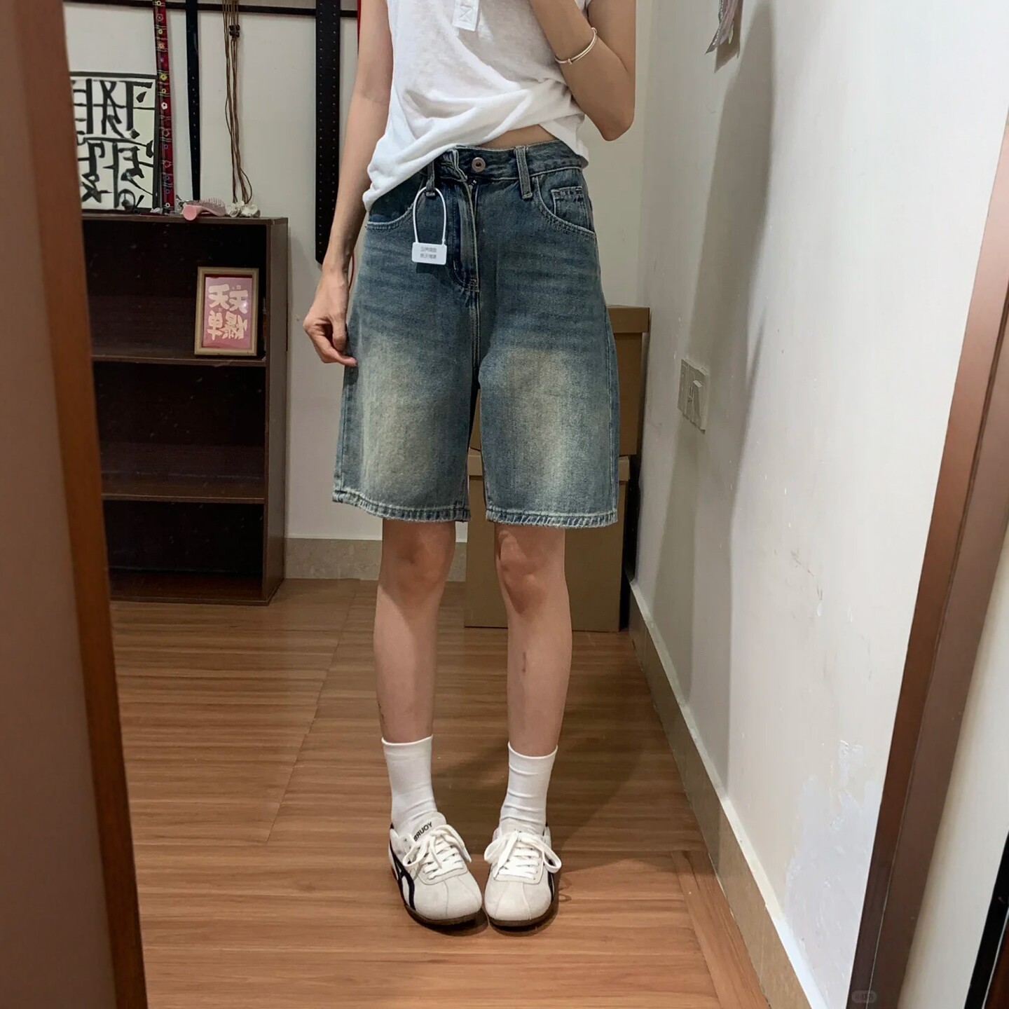 美式复古蓝牛仔短裤女夏季大码胖mm高腰显瘦宽松直筒五分阔腿中裤