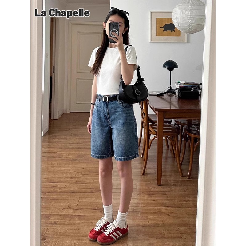 美式复古蓝色高腰直筒五分牛仔短裤女夏季薄款宽松a字阔腿中裤子