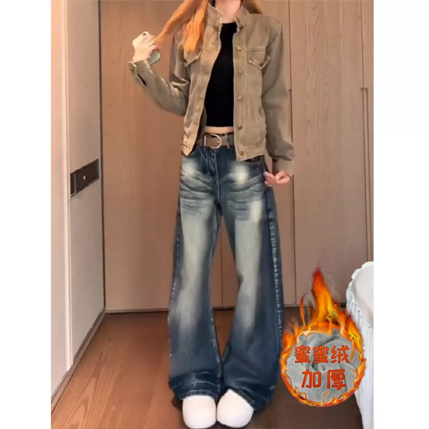 甜酷辣妹美式风做旧弯刀牛仔裤女2026秋冬加绒加厚显瘦直筒阔腿裤