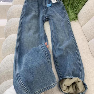 店主 自留款推荐~浅色加绒窄版直筒牛仔裤女秋冬宽松高腰阔腿裤