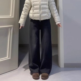 黑灰色复古窄版阔腿牛仔裤女2025冬季新款宽松显瘦加绒直筒拖地裤