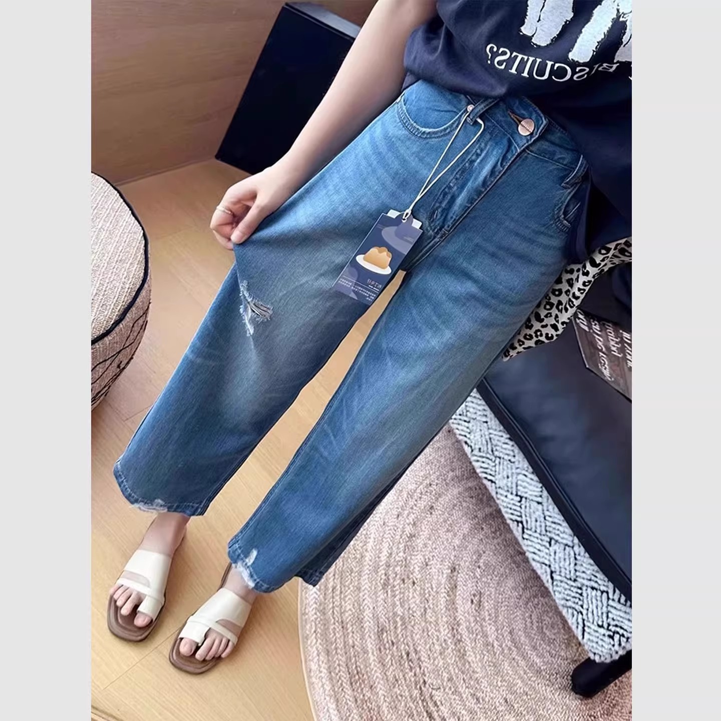 复古破洞牛仔裤女夏季薄款直筒裤大码胖mm小个子高腰显瘦阔腿裤子