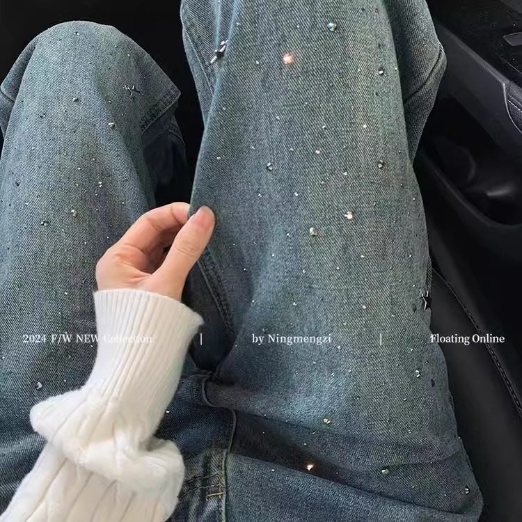 设计感复古蓝重工烫钻直筒牛仔裤女2026新款宽松显瘦拖地阔腿裤子