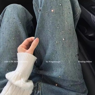 设计感复古蓝重工烫钻直筒牛仔裤女2026新款宽松显瘦拖地阔腿裤子