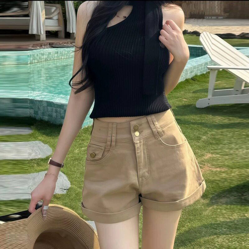 美式高腰卡其色牛仔短裤女夏季宽松显瘦百搭提臀阔腿辣妹a字热裤