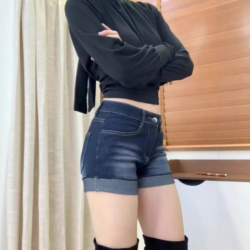 美式复古辣妹卷边牛仔短裤女夏新款大码胖mm弹力显瘦a字包臂热裤