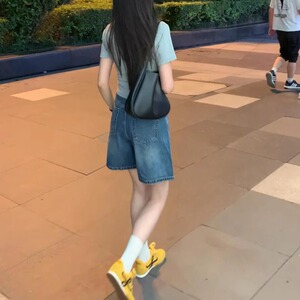 店主自留款推荐~复古蓝高腰五分牛仔短裤女夏季直筒阔腿中裤子