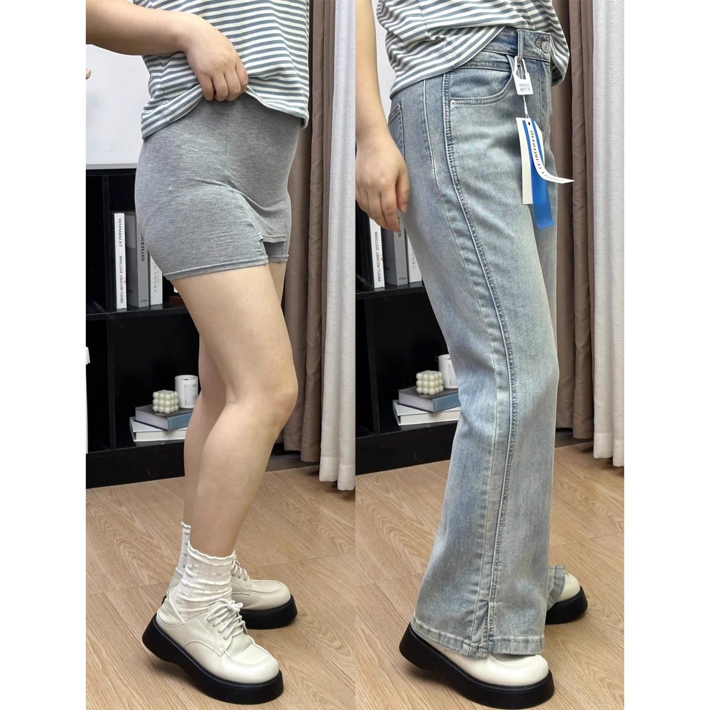 梨形身材裤子大码女胖mm显瘦浅色牛仔裤宽松开叉不贴腿直筒微喇裤