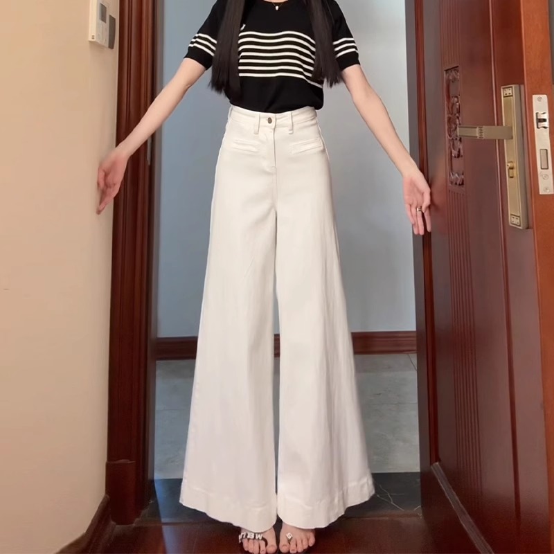 白色高腰阔腿牛仔裤女2025春季新款宽松显高显瘦垂感直筒拖地裤子