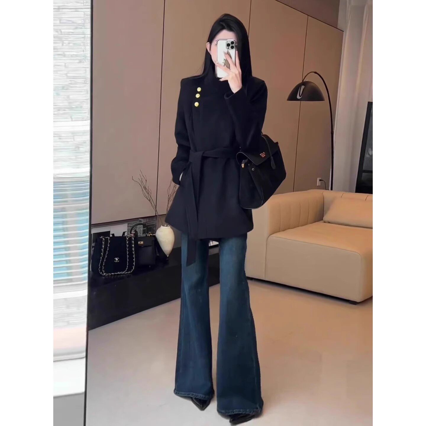 深蓝色微喇叭牛仔裤女小个子2025秋冬季新款高腰加绒加厚马蹄长裤