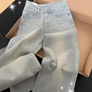 设计感镶钻牛仔裤女春季流行显瘦裤子高腰宽松直筒裤阔腿裤长裤潮