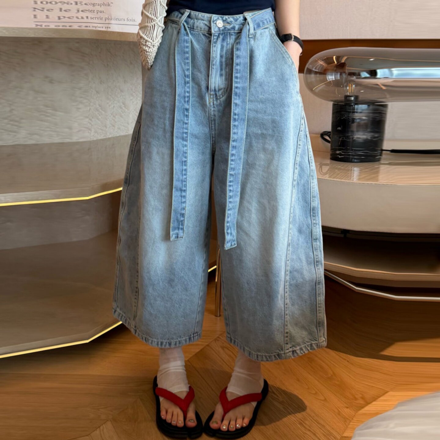 高端欧货浅蓝色水洗牛仔八分裤女2026夏季新款高腰直筒休闲阔腿裤
