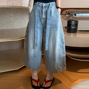 高端欧货浅蓝色水洗牛仔八分裤女2026夏季新款高腰直筒休闲阔腿裤