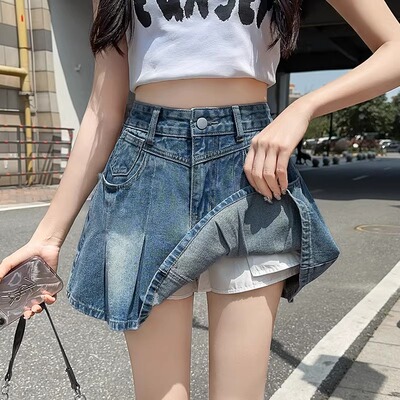 爆款百褶牛仔短裙女夏季2026新款显瘦a字裙裤防走光包臀半身裙子