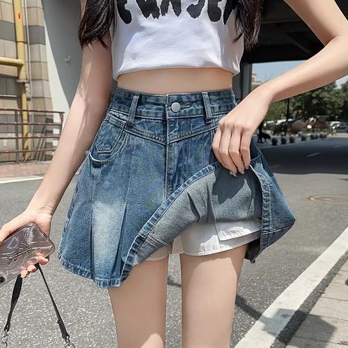 爆款百褶牛仔短裙女夏季2026新款显瘦a字裙裤防走光包臀半身裙子