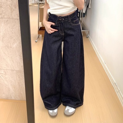 深蓝色美式阔腿牛仔裤女夏季薄款2025新款宽松高腰直筒垂感拖地裤