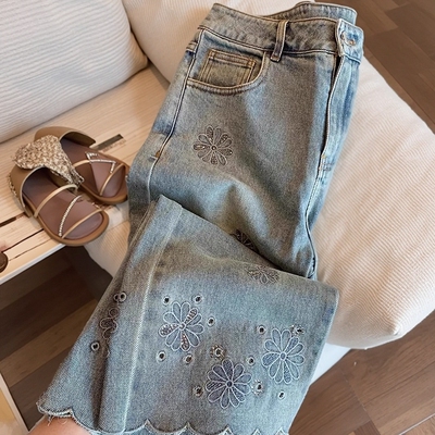 蓝色烫钻刺绣花朵直筒牛仔裤女夏复古小众重工宽松显瘦九分阔腿裤