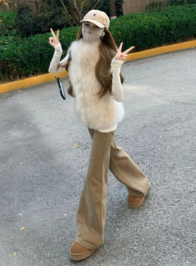 卡其色加绒加厚微喇牛仔裤女2026新款秋季美式复古低腰显瘦喇叭裤