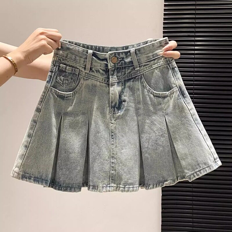 美式复古浅色高腰半身牛仔裙女2026新款夏季小个子a字百褶短裙子