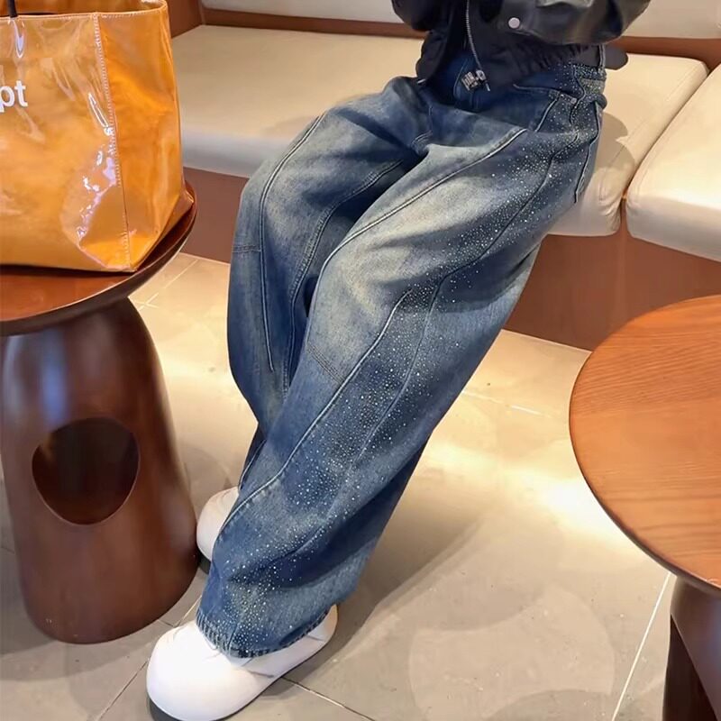 带钻牛仔裤阔腿宽松裤子女2026新款春季高腰显瘦窄版美式弯刀长裤