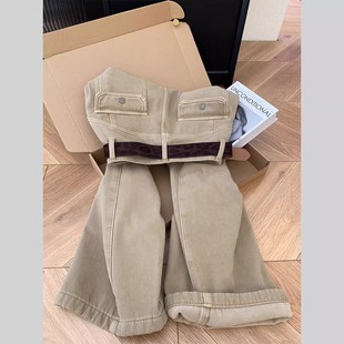 复古卡其色高端加绒加厚2025秋冬新款窄版阔腿牛仔裤女直筒长裤子