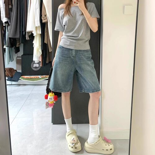 复古阔腿牛仔短裤女夏季大码胖mm宽松显瘦梨形身材五分直筒中裤子