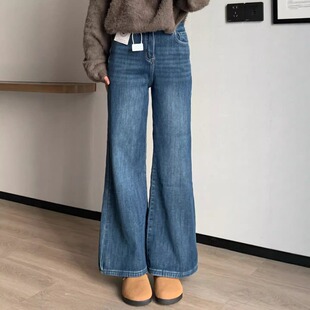 梨型身材蓝色微喇牛仔裤女冬季款加绒大码胖mm高腰显瘦马蹄喇叭裤