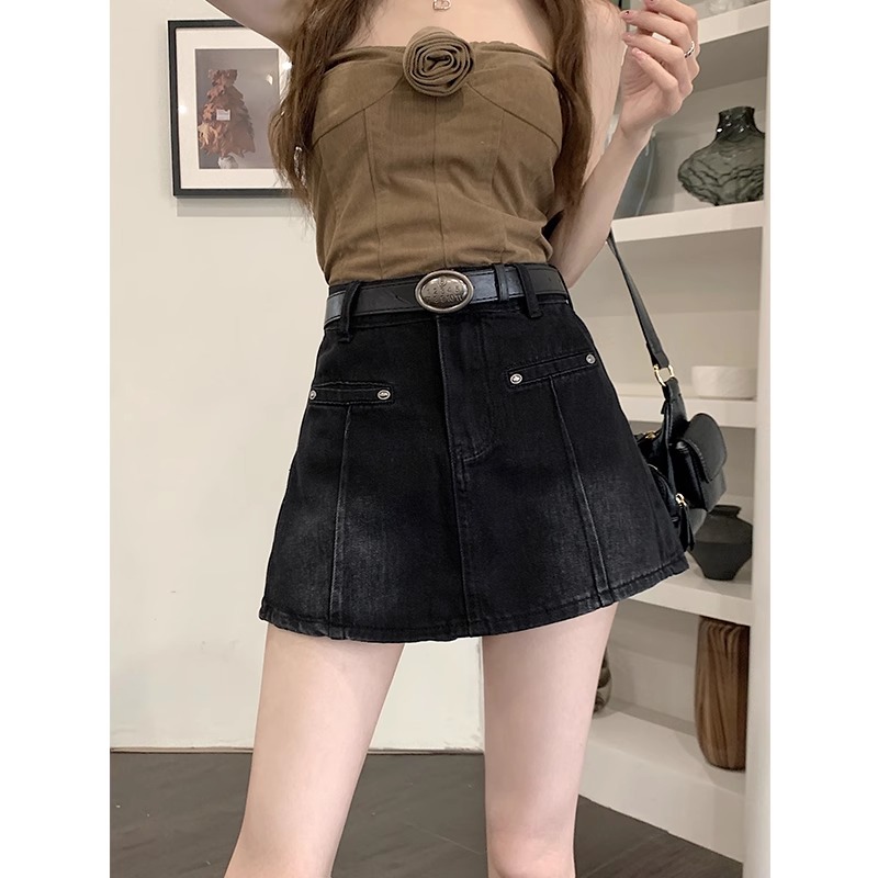 大码复古黑色牛仔半身裙女夏季胖mm防走光高腰显瘦包臀a字短裙裤