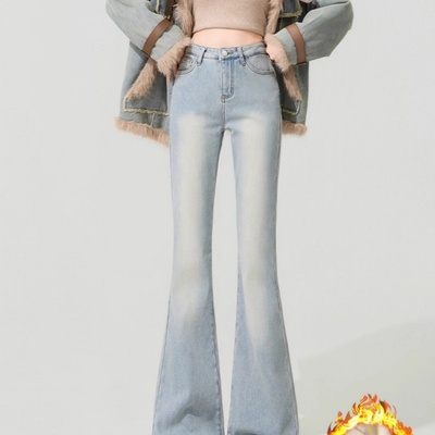 浅色加绒微喇牛仔裤女秋冬2025新款小个子高腰显瘦喇叭裤冬天裤子