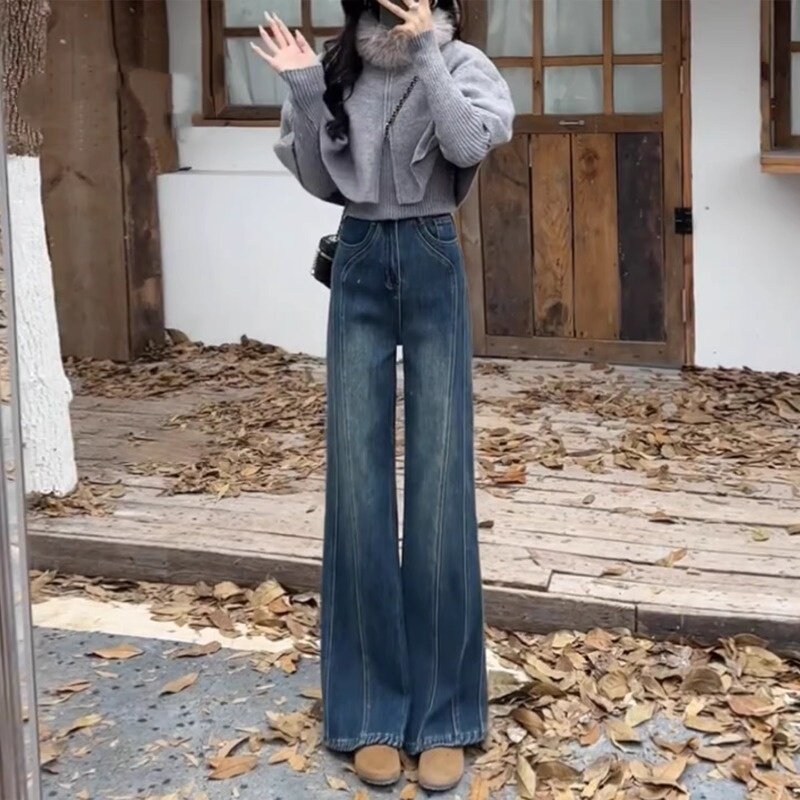 复古蓝直筒牛仔裤女春季2026新款高腰显瘦设计感百搭窄版阔腿裤子